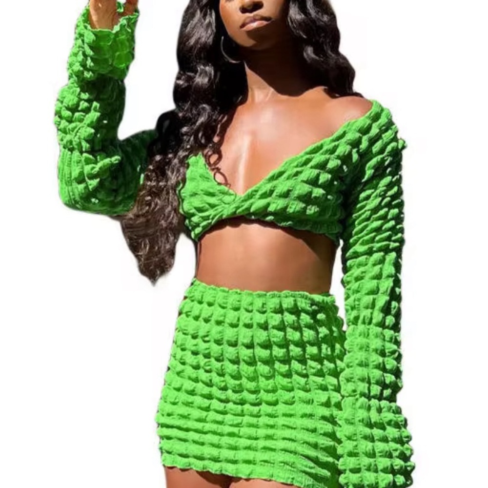 Vibrant Green Textured Skirt Set